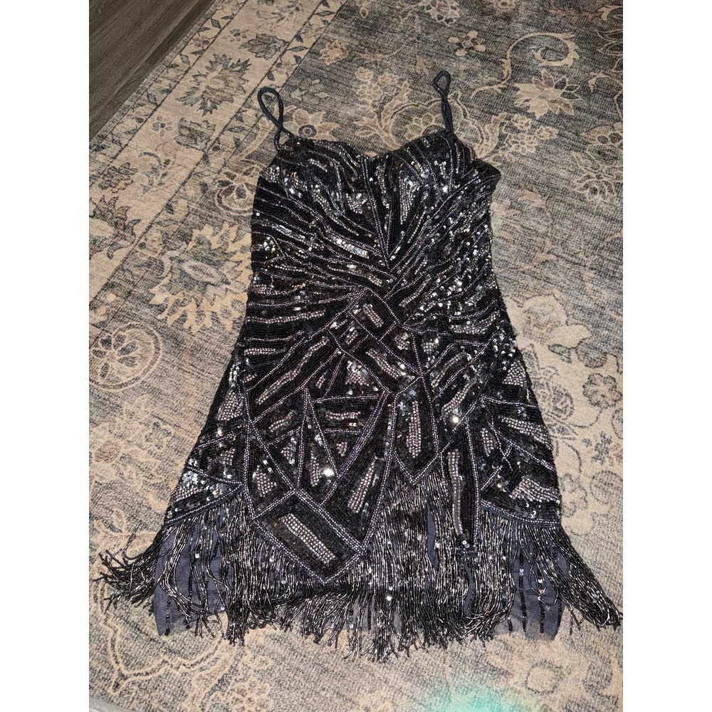 Sherri Hill 53052 Black Silver Fringe Beaded Dress Homecoming Prom Formal